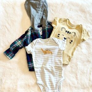Carter's Plaid Shirt with Hood and 2 Striped Onesies Bundle - Size: 3 Months